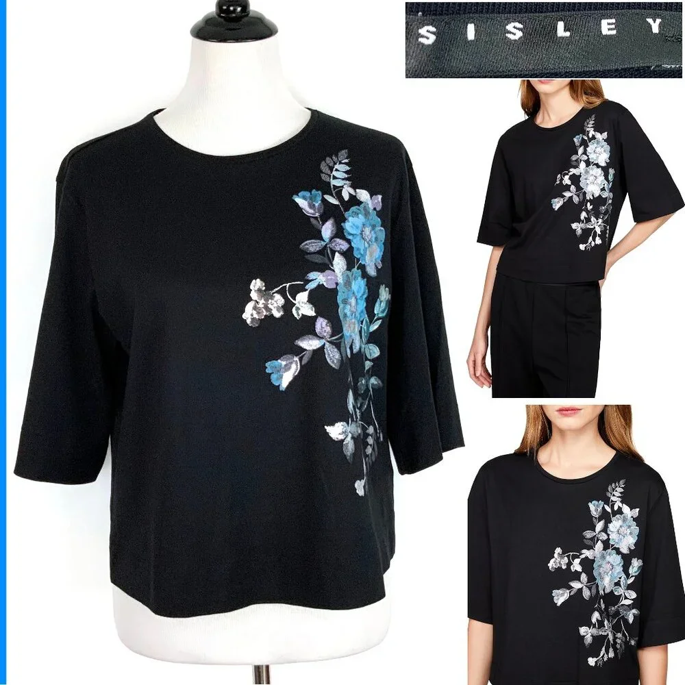 New Sisley Women's Black T-Shirt Floral Print Sz M - Picture 2 of 16